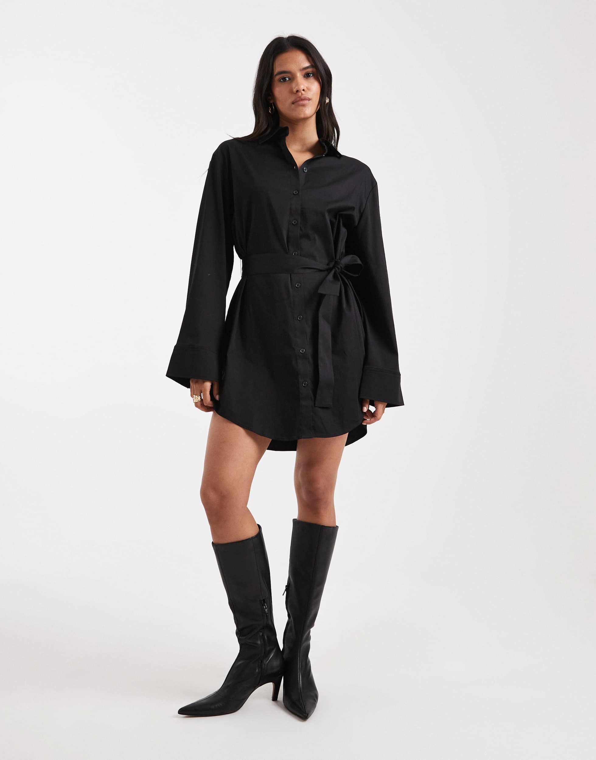 Edited tie waist shirt mini dress in black
