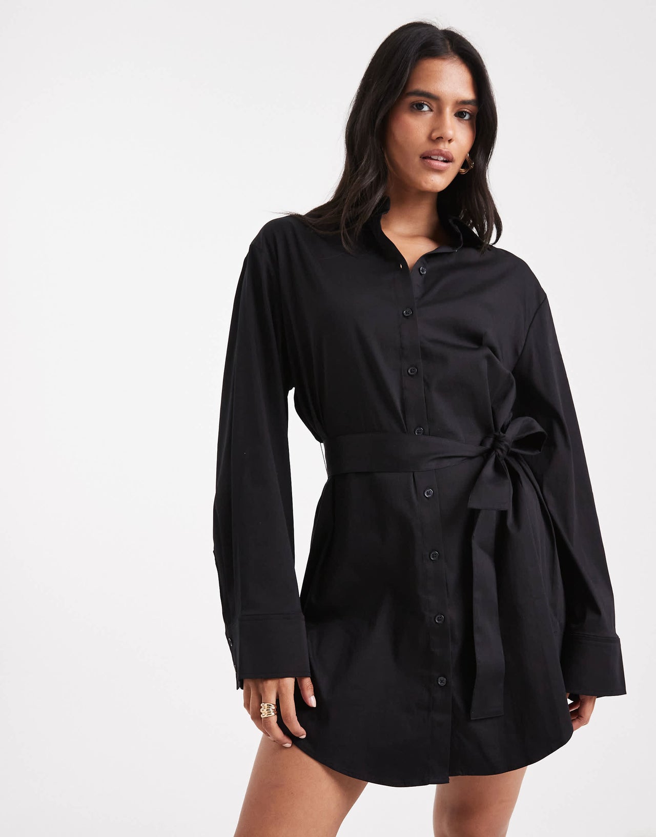 Edited tie waist shirt mini dress in black