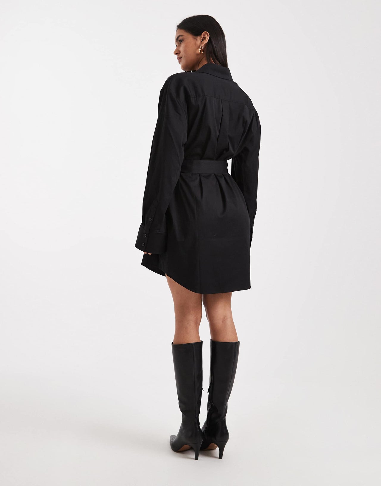 Edited tie waist shirt mini dress in black