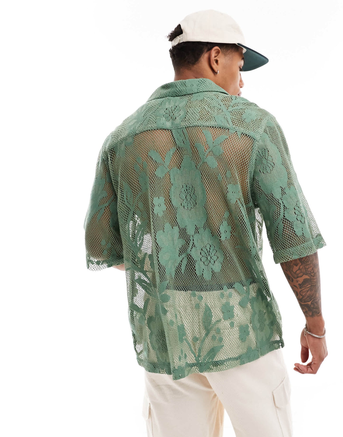 ASOS DESIGN short sleeve relaxed revere lace shirt in sage green