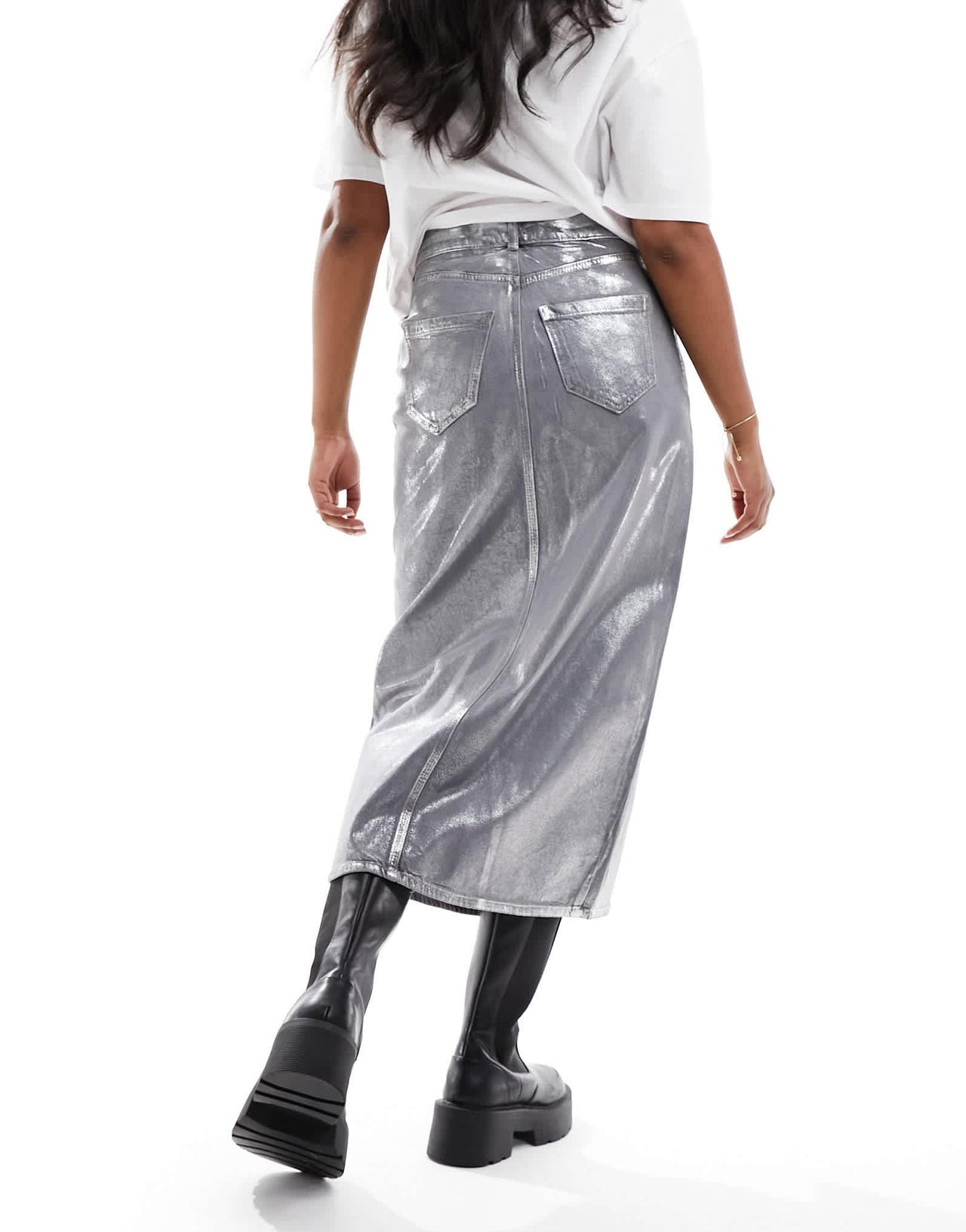 River Island coated denim midi skirt in silver