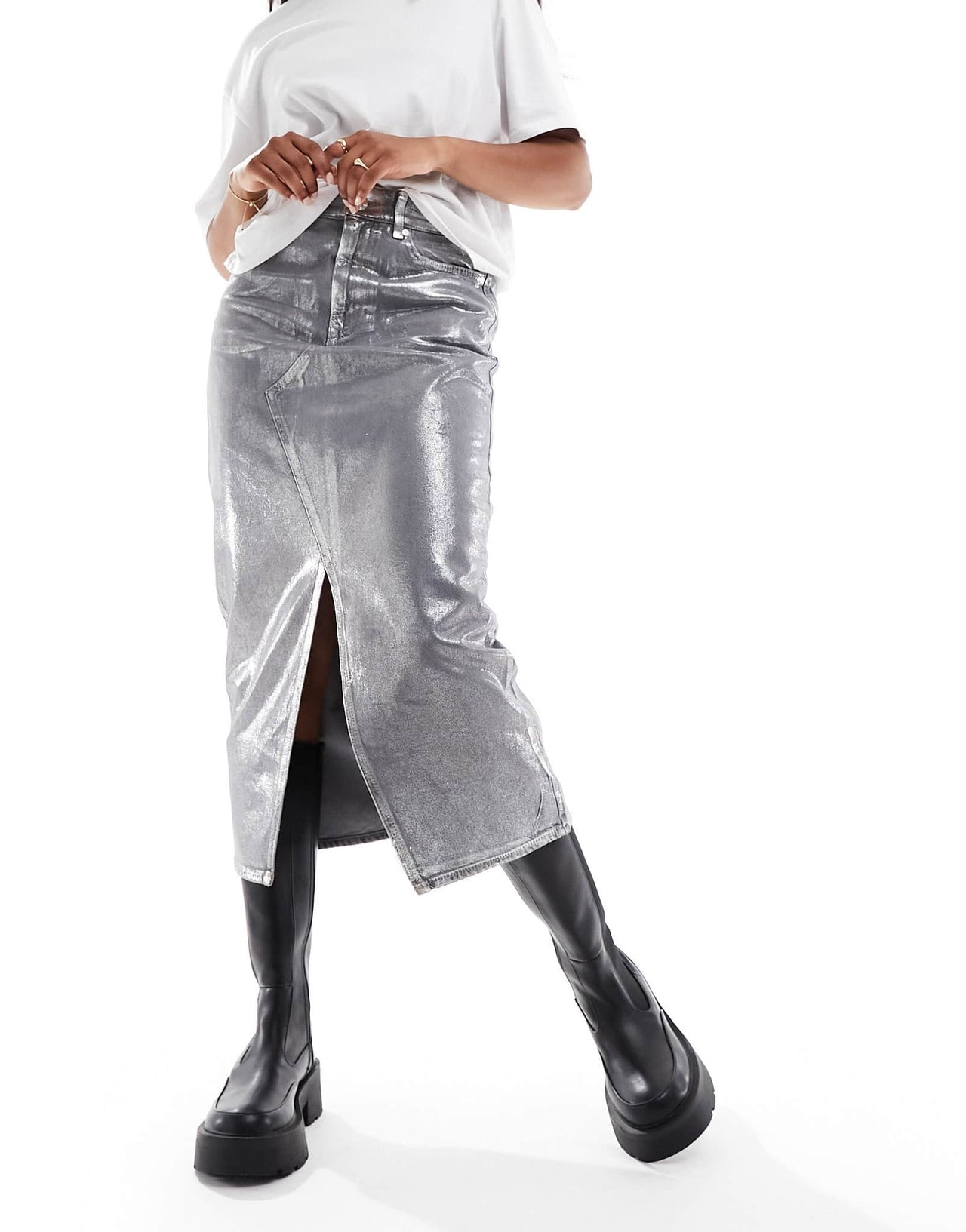 River Island coated denim midi skirt in silver