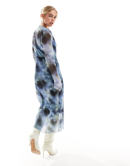 & Other Stories mesh midi dress with asymmetric bodice in blurred inky print