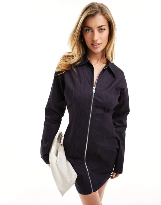 Aria Cove denim zip through mini dress in indigo