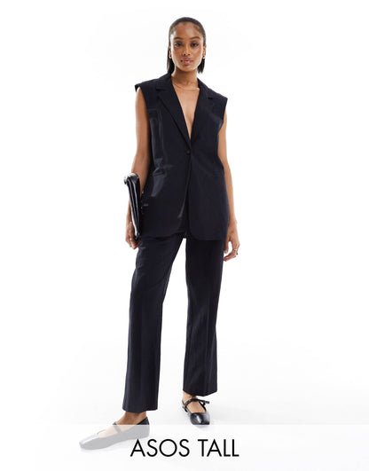 ASOS DESIGN Tall tailored belted trouser with linen in black