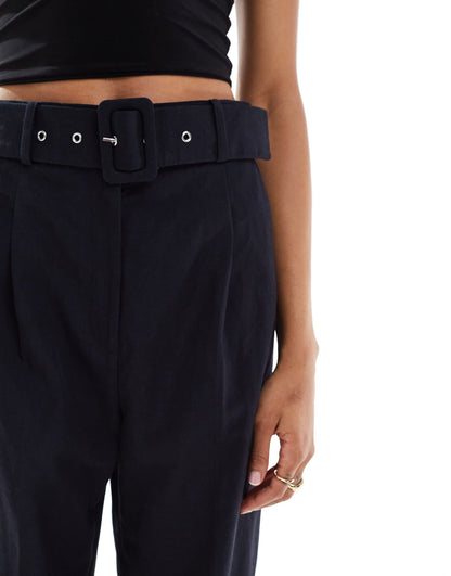 ASOS DESIGN Tall tailored belted trouser with linen in black
