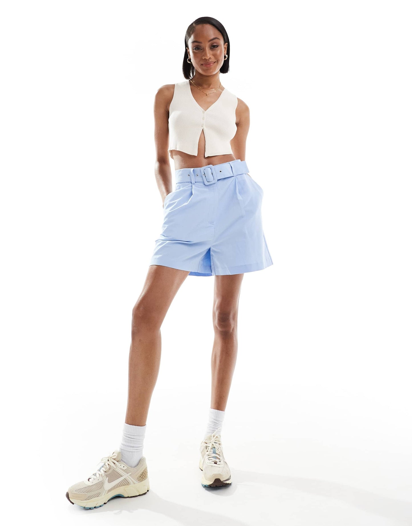 ASOS DESIGN Tall tailored belted short with linen in light blue