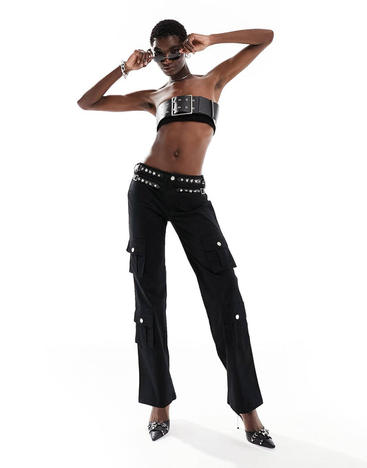 The Kript low rise straight leg trousers with stud details and pockets in black