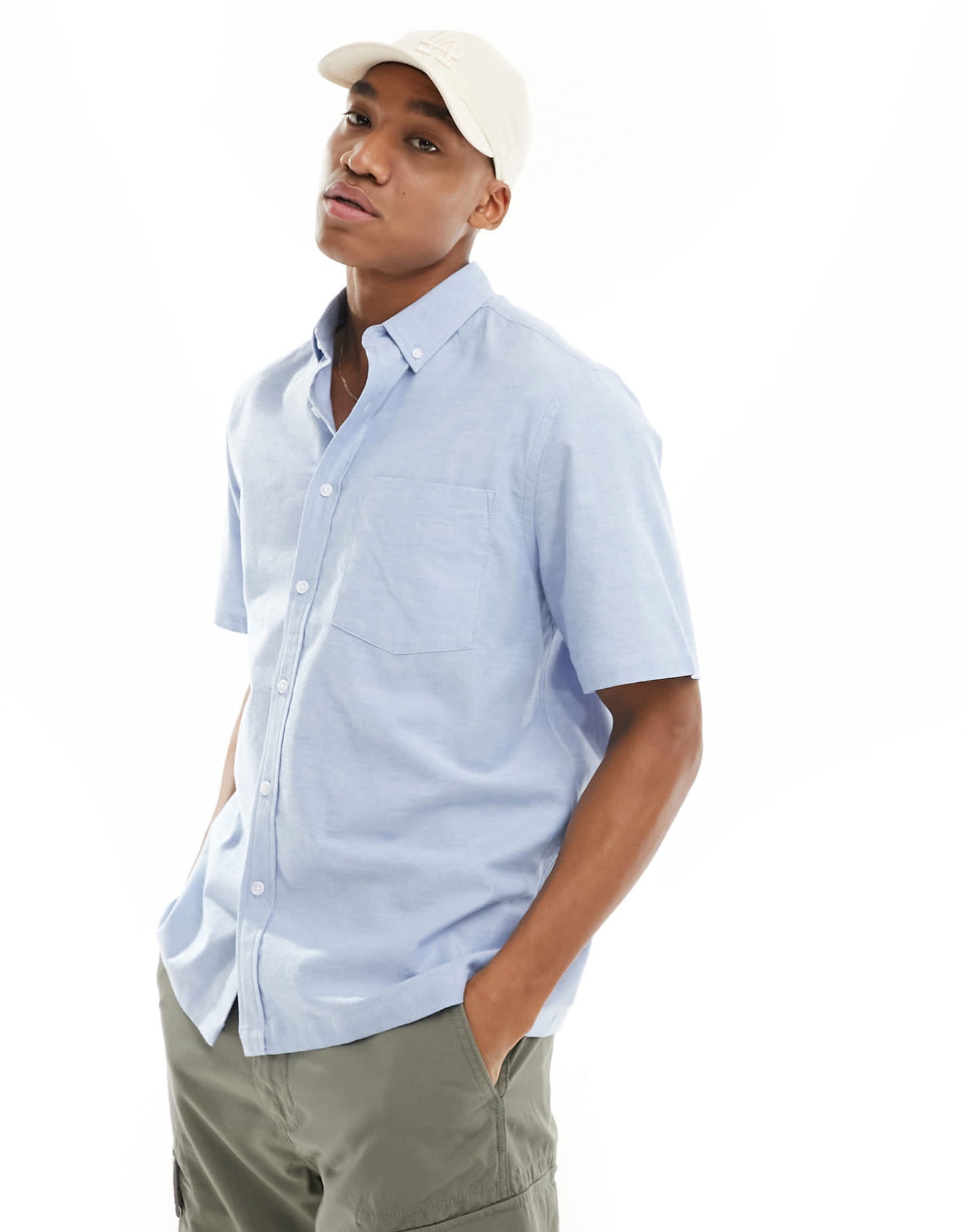 ASOS DESIGN relaxed short sleeve oxford shirt in light blue