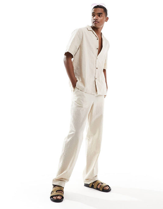 ASOS DESIGN co-ord baggy seersucker beach trouser with elasticated waist in stone