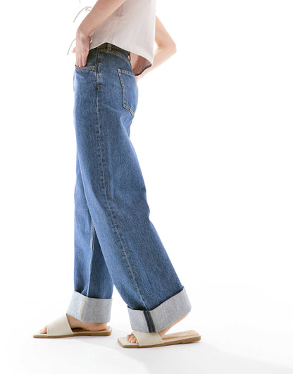 ASOS DESIGN loose jeans with deep turn up cuff in dark vintage blue