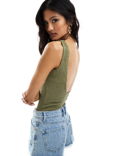 ASOS DESIGN shirred scoop back bodysuit in khaki