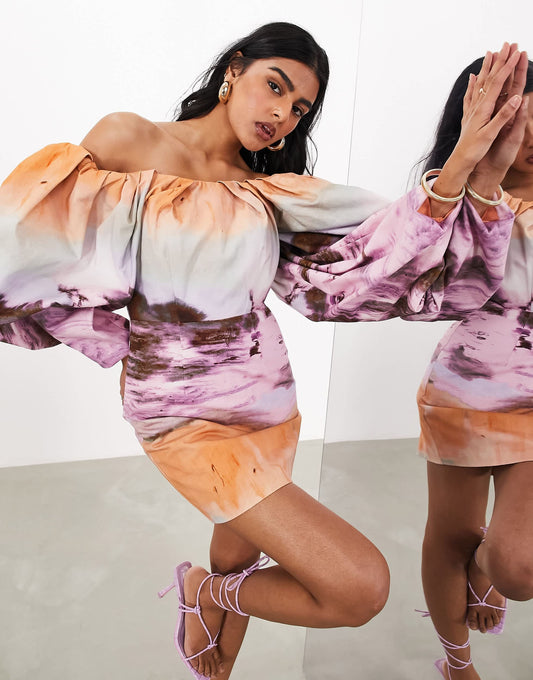 ASOS EDITION structured bardot mini dress in sunset print