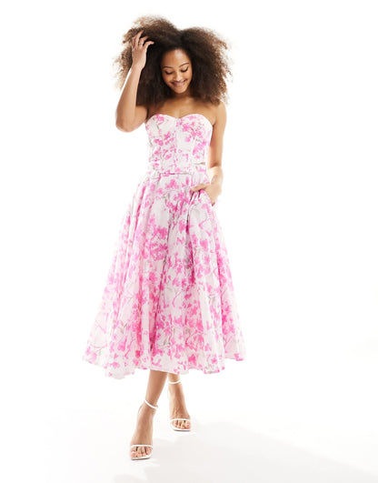 Bardot corset crop top co ord in pink floral