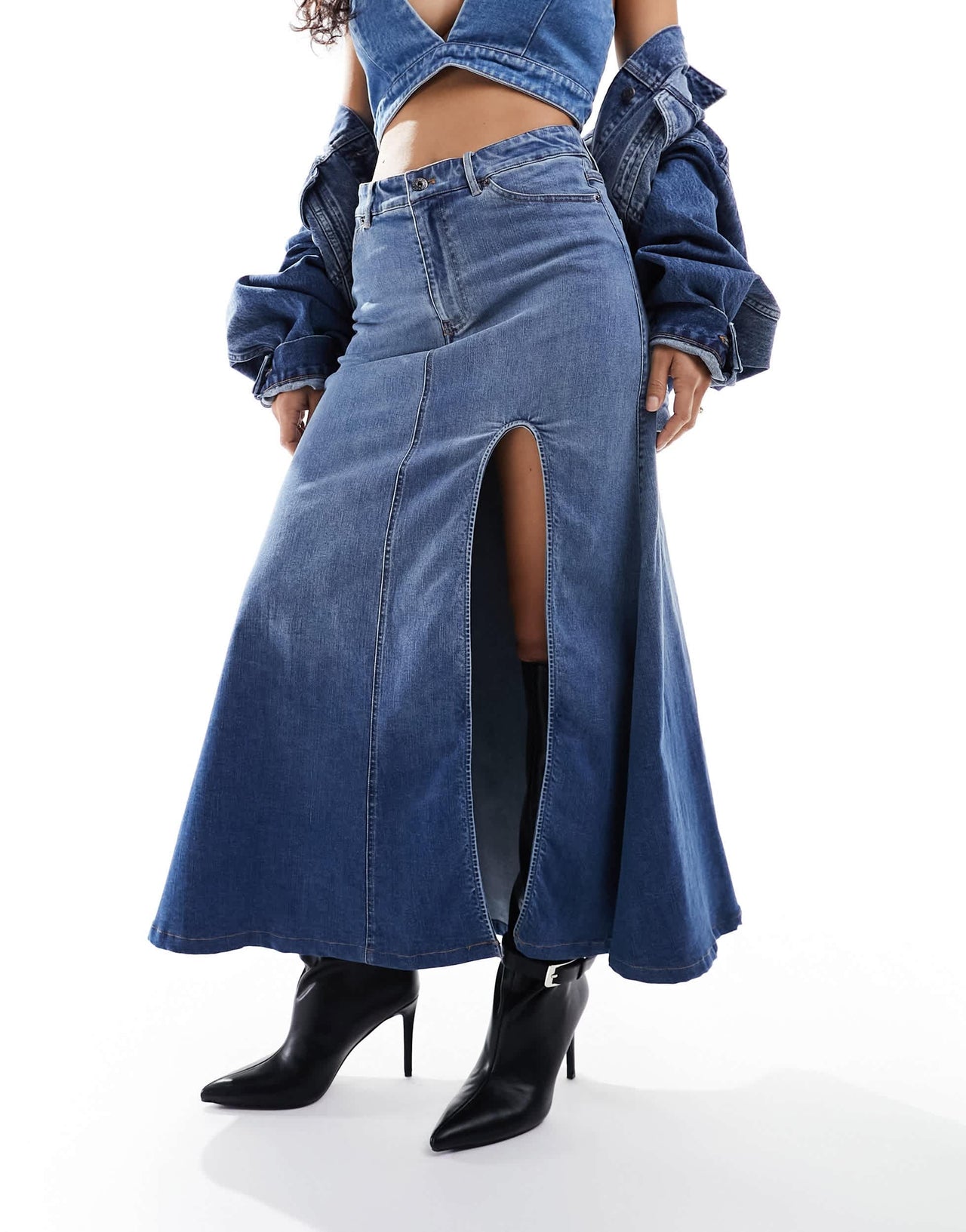 Bardot denim maxi skirt with split co ord in blue