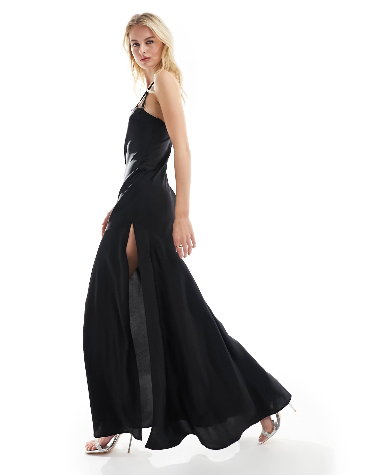 ASOS DESIGN Tall satin buckle strap maxi dress with fuller skirt in black