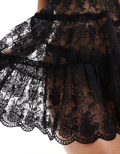Miss Selfridge beach lace tiered mini dress in black