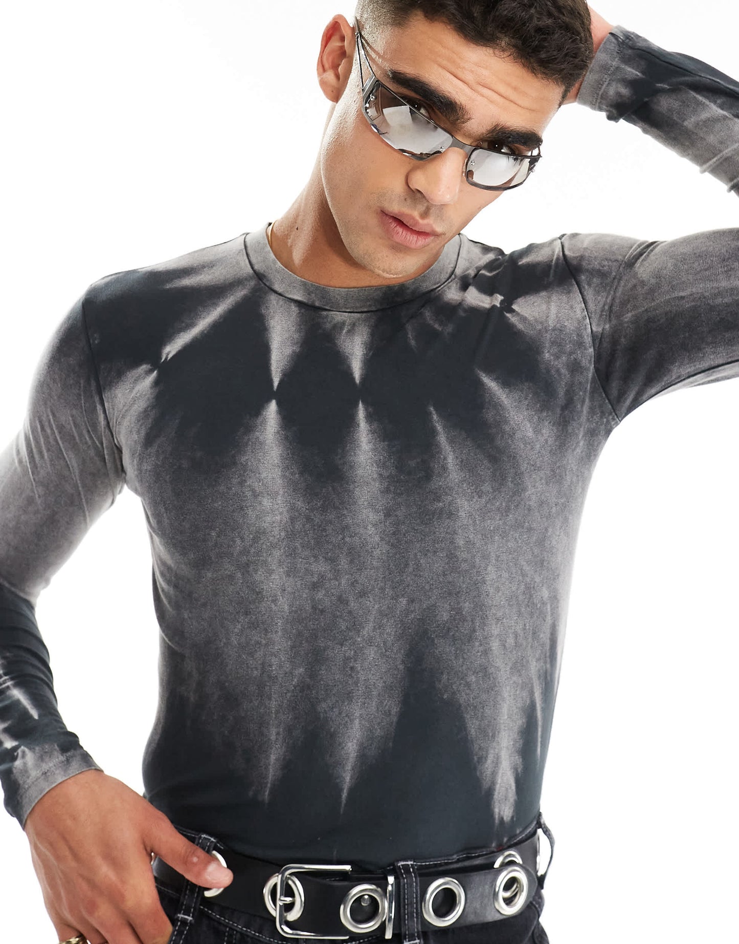 ASOS DESIGN muscle fit long sleeve bodysuit in grey tie dye