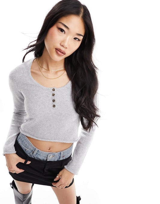 Bershka knitted henley top in grey marl
