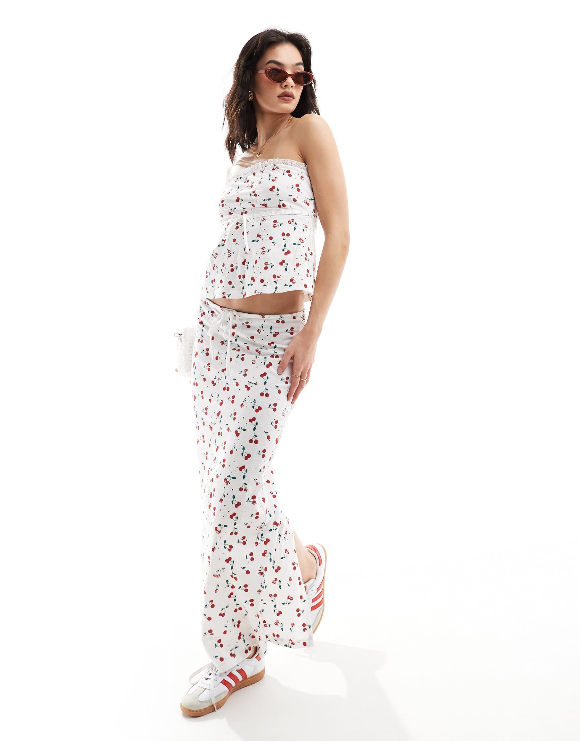 ASOS DESIGN broderie column skirt with tie in cherry print