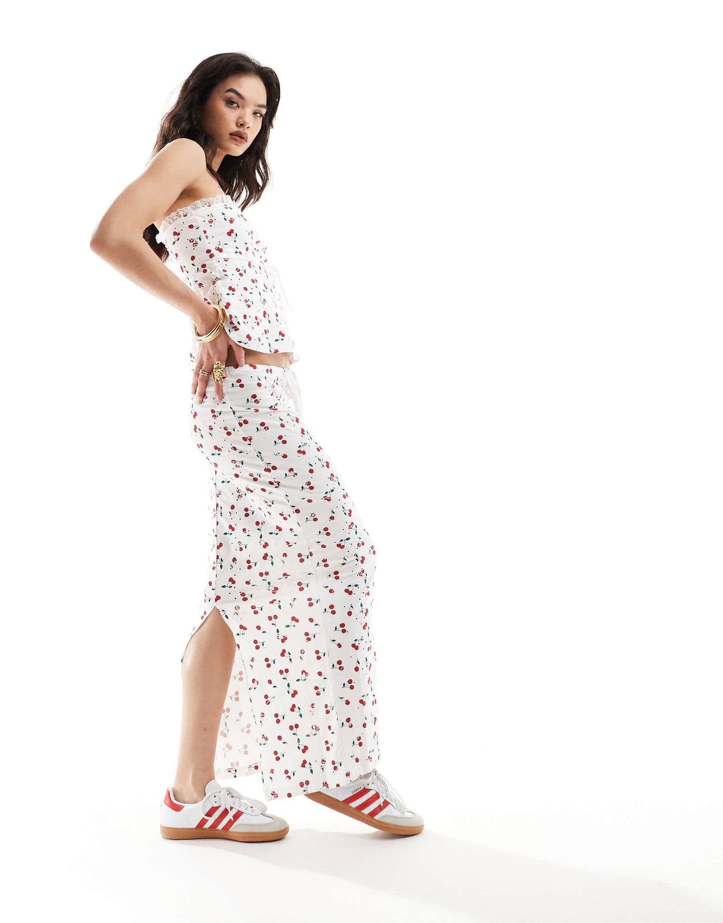 ASOS DESIGN broderie column skirt with tie in cherry print