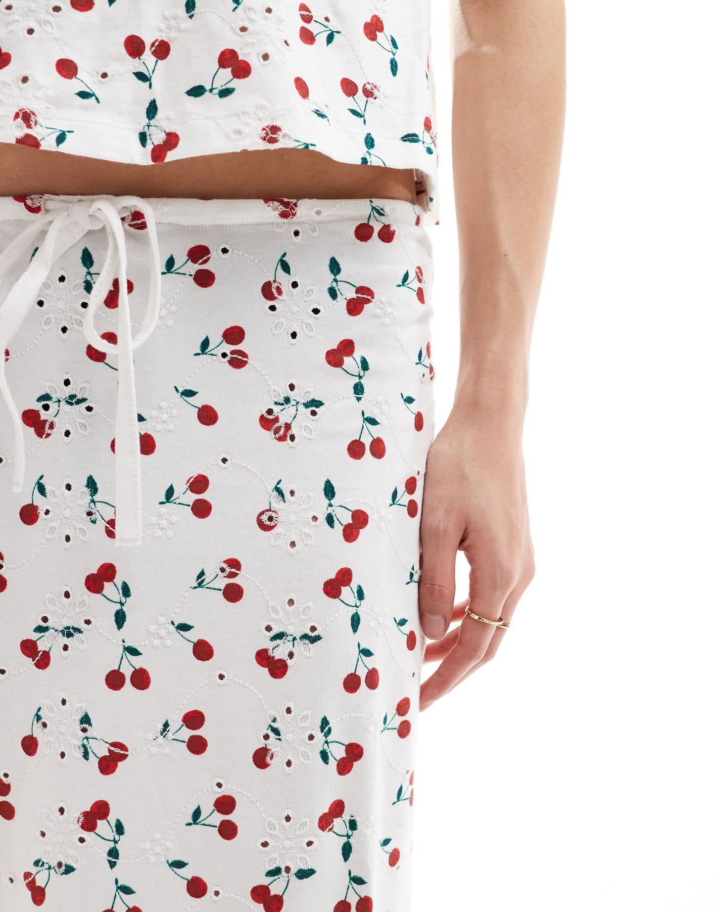 ASOS DESIGN broderie column skirt with tie in cherry print