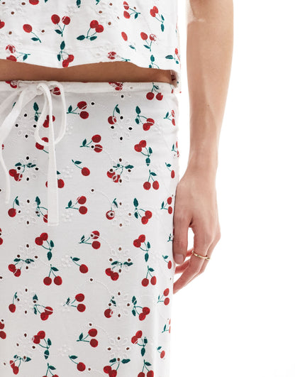 ASOS DESIGN broderie column skirt with tie in cherry print