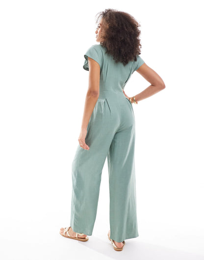 ASOS DESIGN collared linen button through jumpsuit in khaki