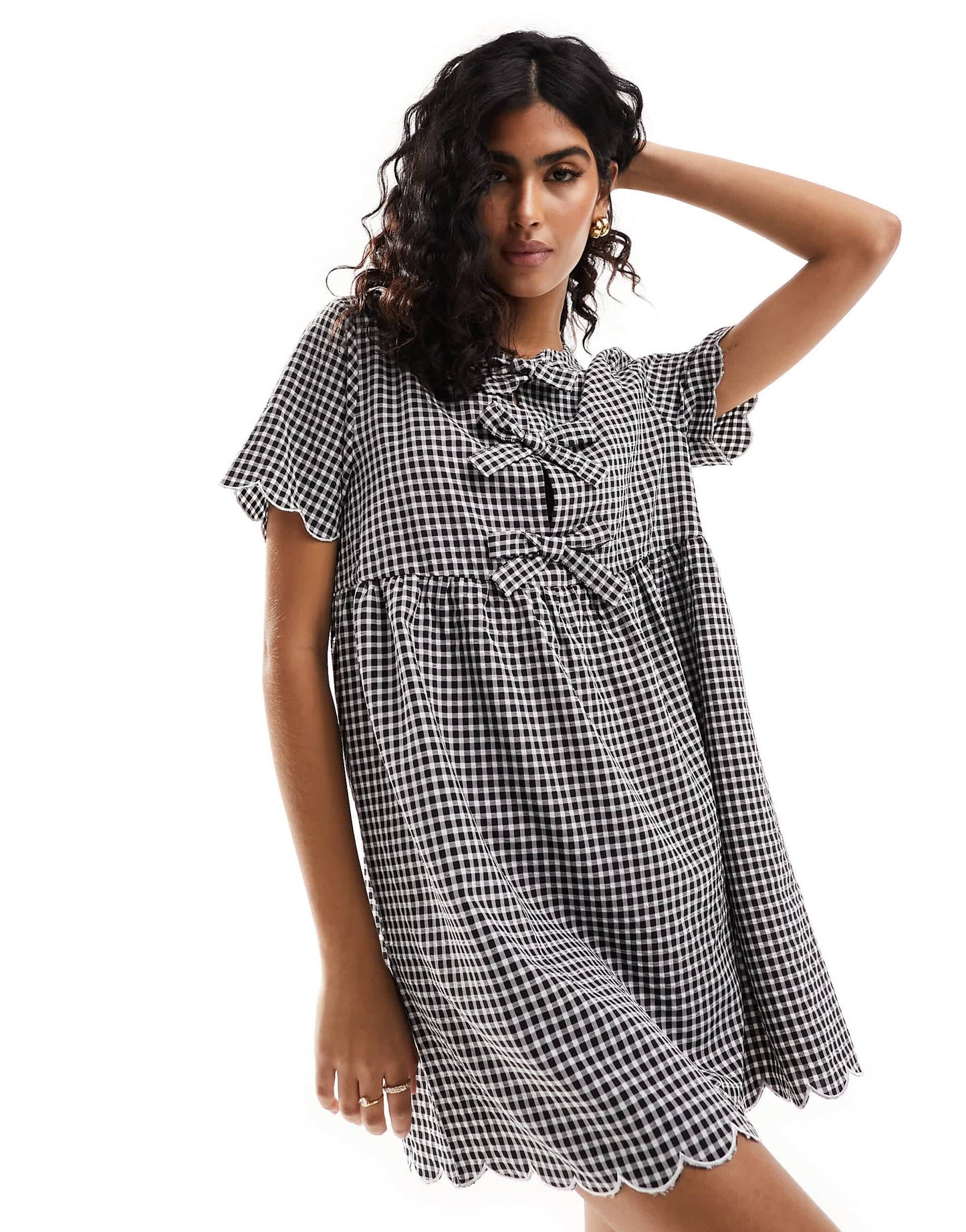 The Frolic exclusive bow detail smock dress in black and white gingham