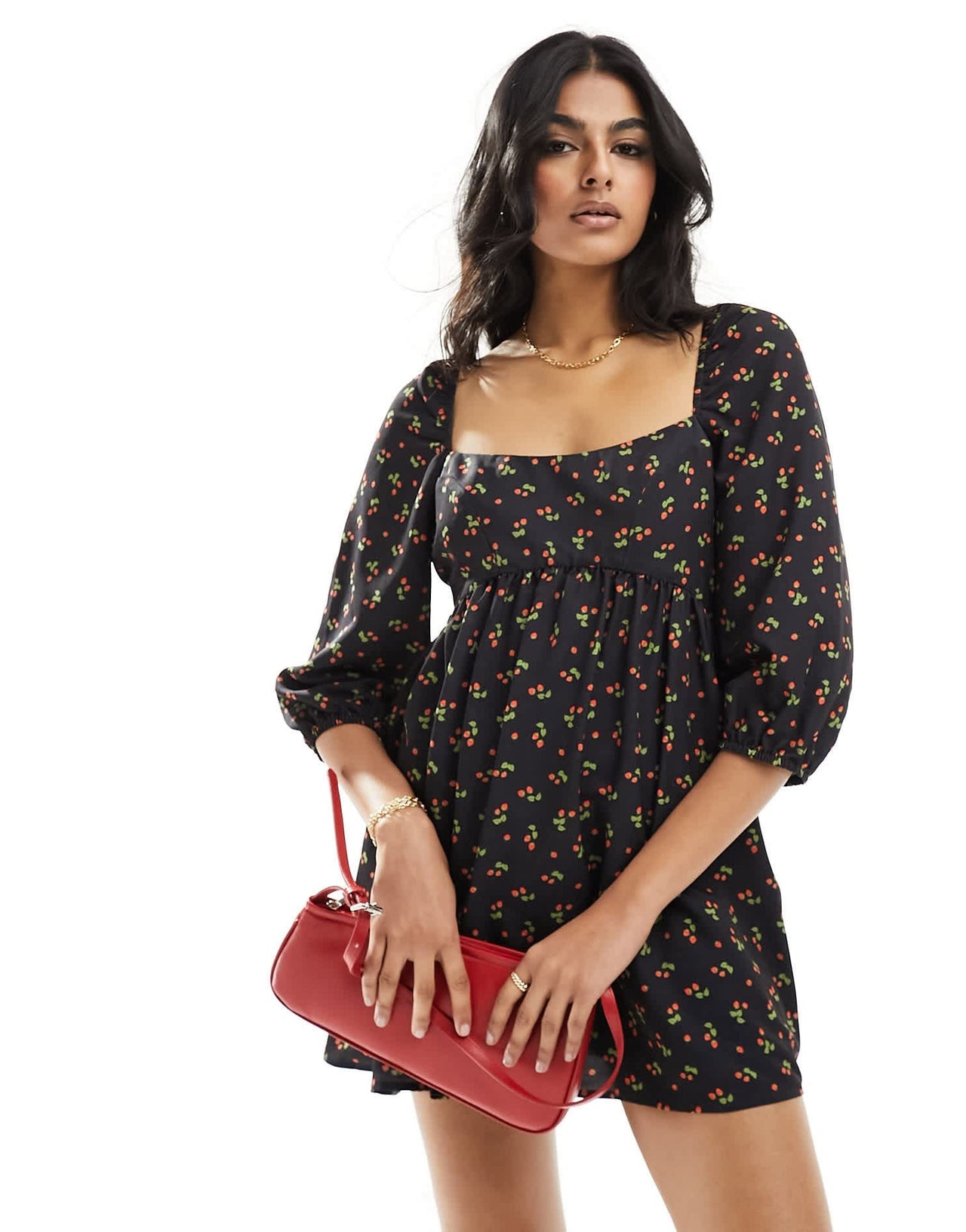 The Frolic exclusive strawberry print mini smock dress in black