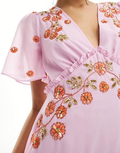 Maya plunge midi dress with floral embellished detail in purple