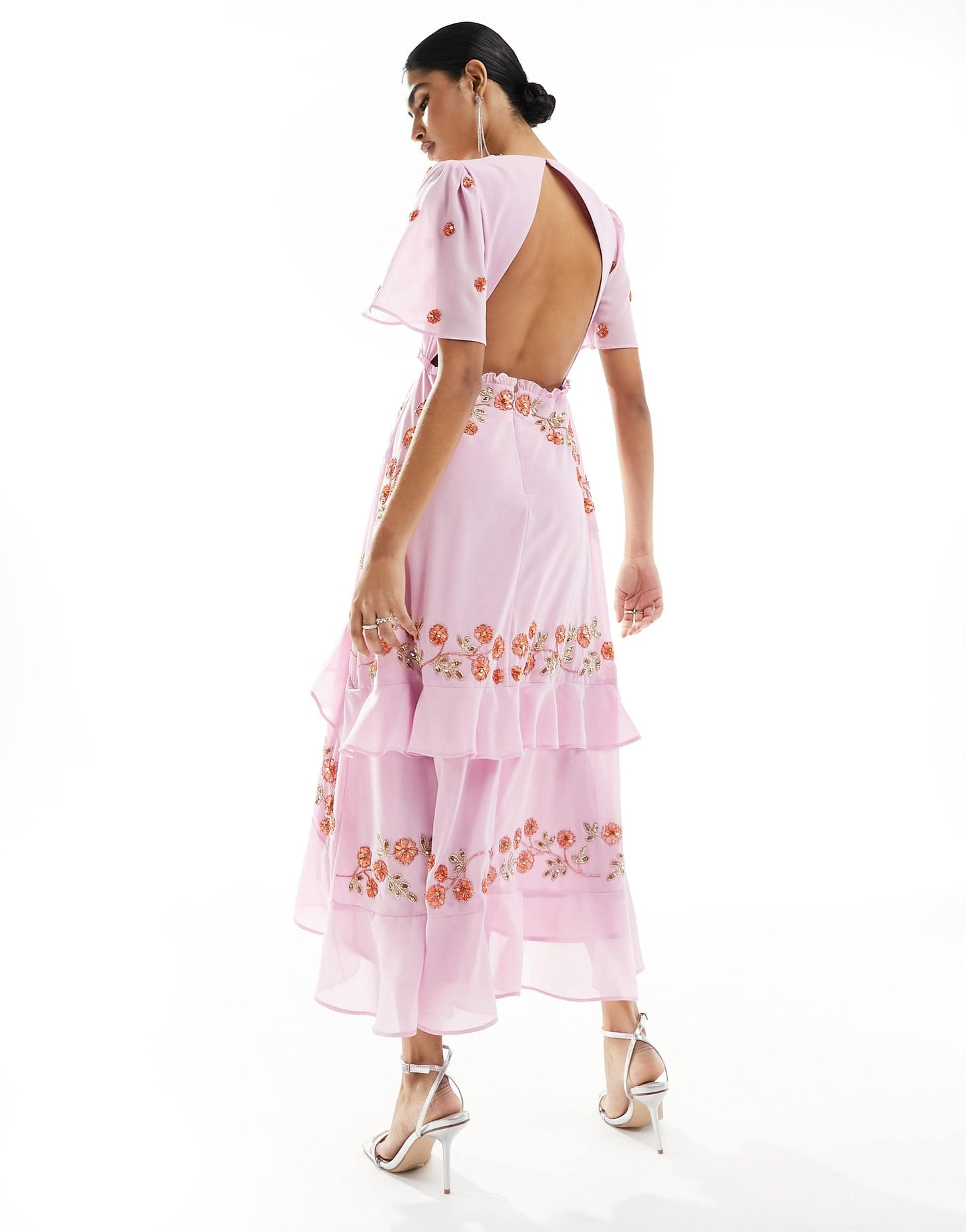 Maya plunge midi dress with floral embellished detail in purple