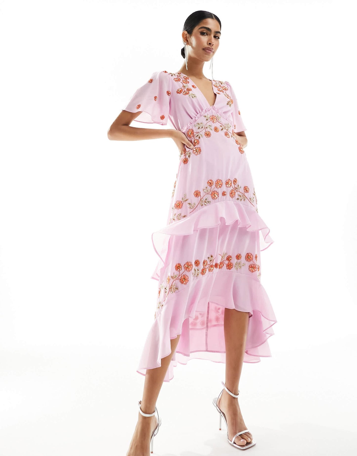 Maya plunge midi dress with floral embellished detail in purple