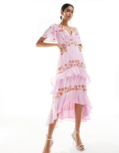 Maya plunge midi dress with floral embellished detail in purple