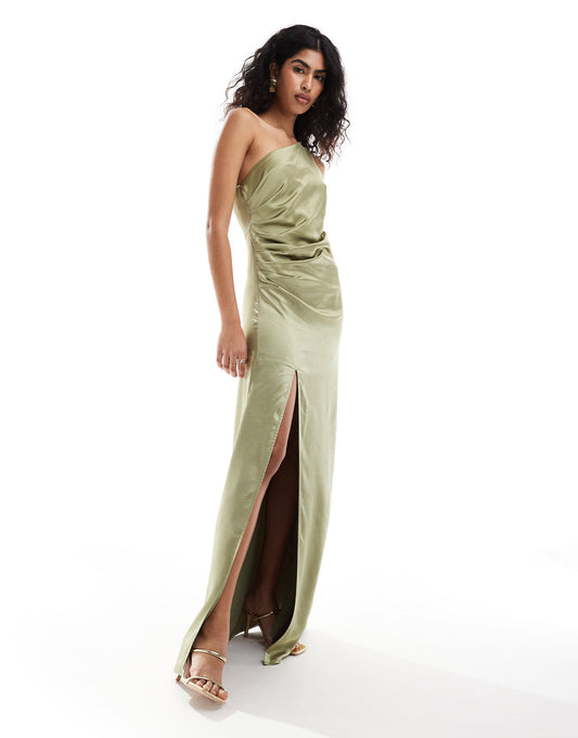 Pretty Lavish Bridesmaid Amelia ruched one shoulder satin maxi dress in olive