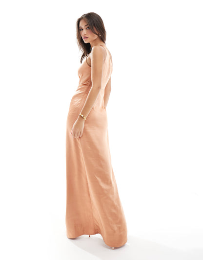 Pretty Lavish Bridesmaid Amelia ruched one shoulder satin maxi dress in cinnamon