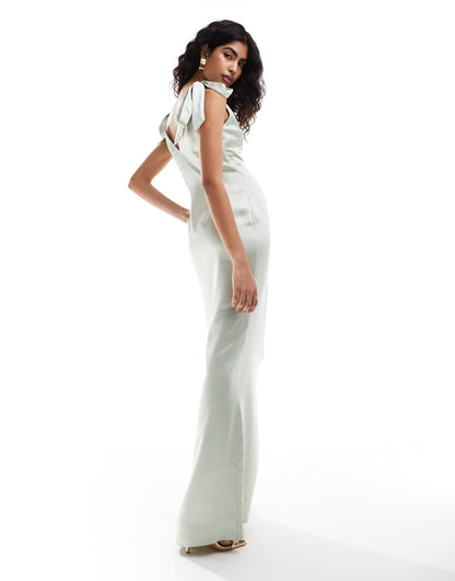 Pretty Lavish Bridesmaid Piper satin tie shoulder maxi dress in sage