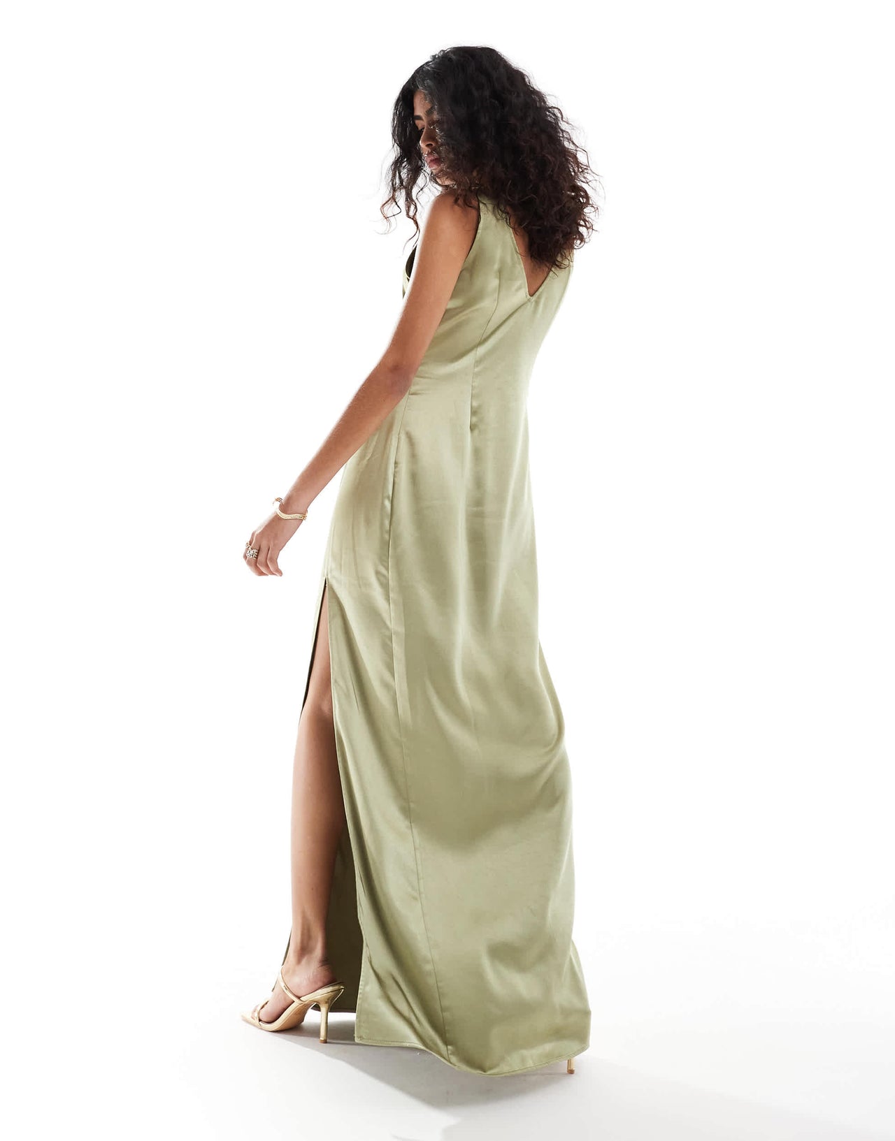 Pretty Lavish Bridesmaid satin wrap maxi dress in olive