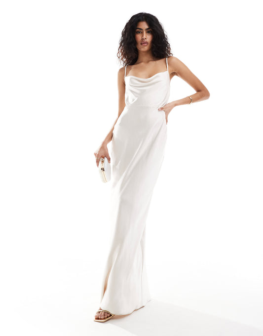 Pretty Lavish Bridal Keisha cowl neck satin maxi dress in ivory