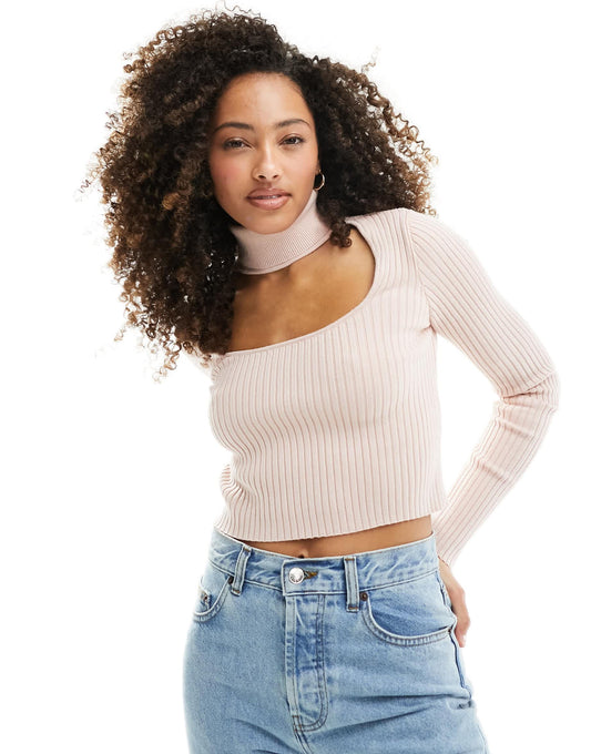Bershka roll neck choker detail jumper in pale pink