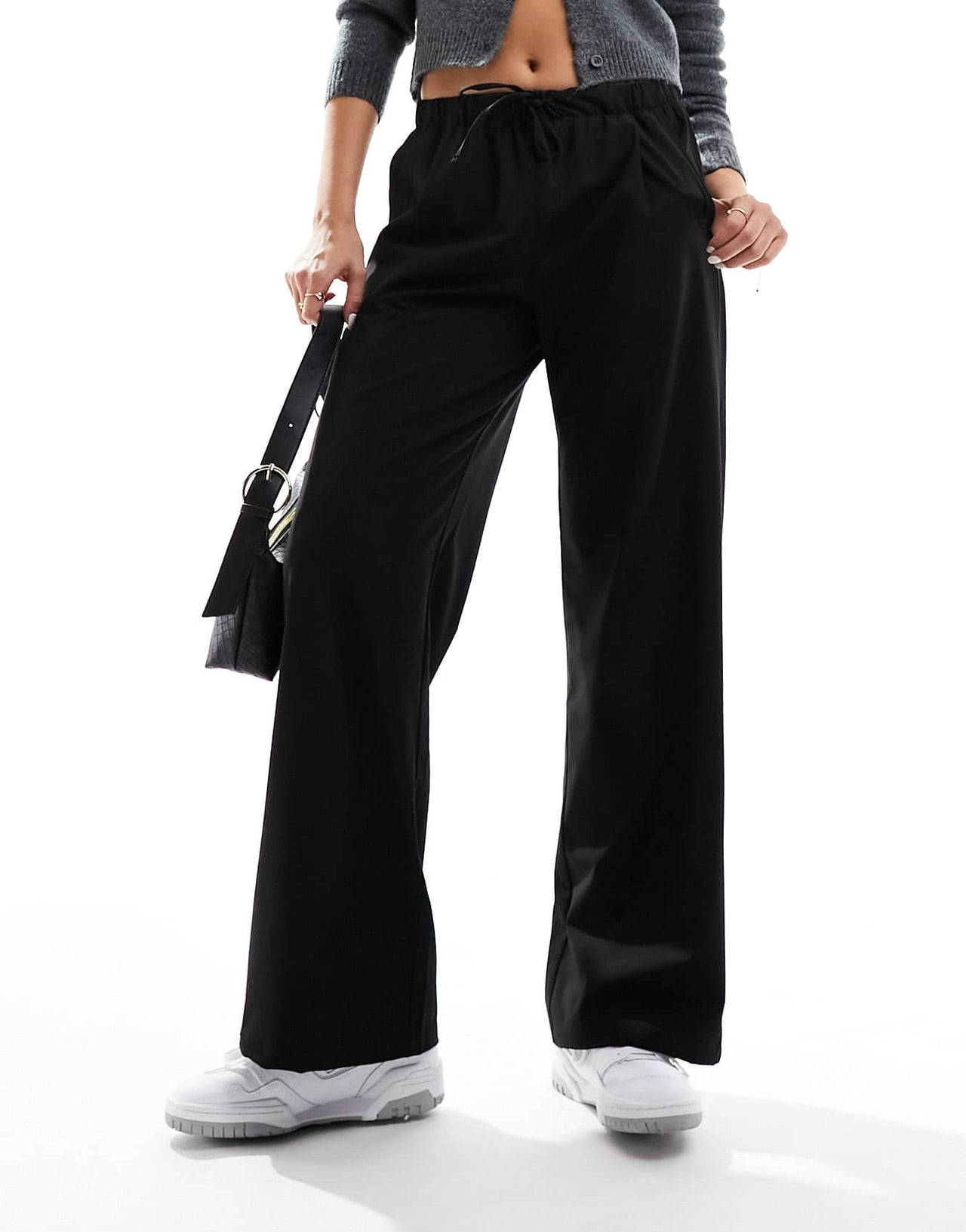 Bershka drawstring waist wide leg trousers in black