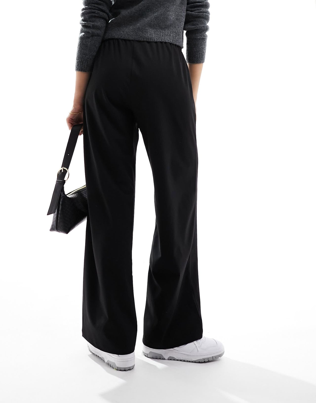 Bershka drawstring waist wide leg trousers in black