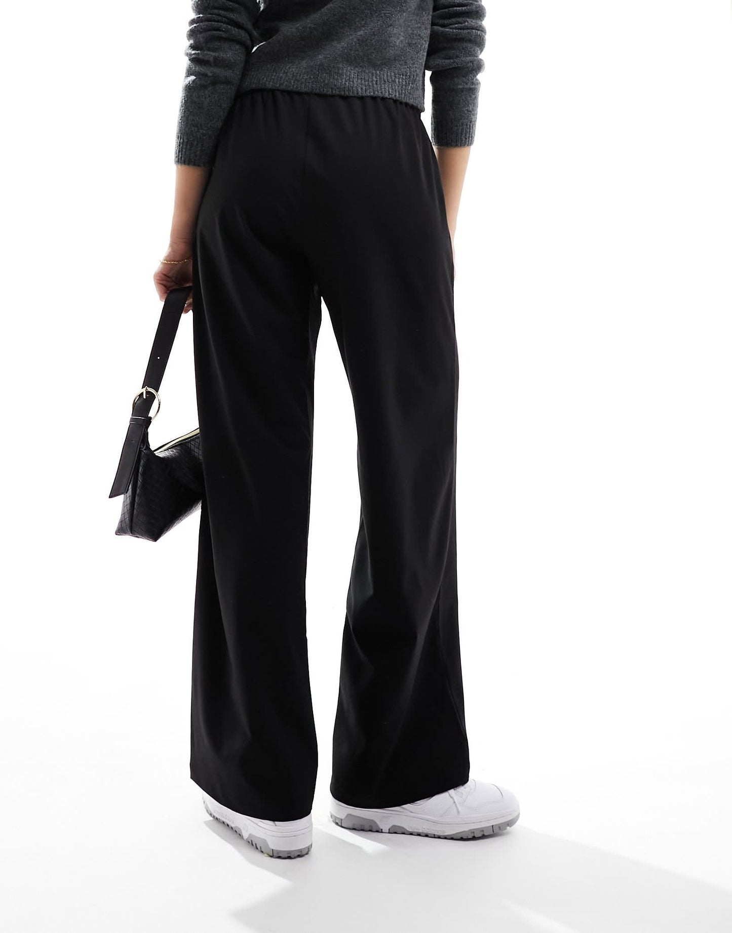 Bershka drawstring waist wide leg trousers in black
