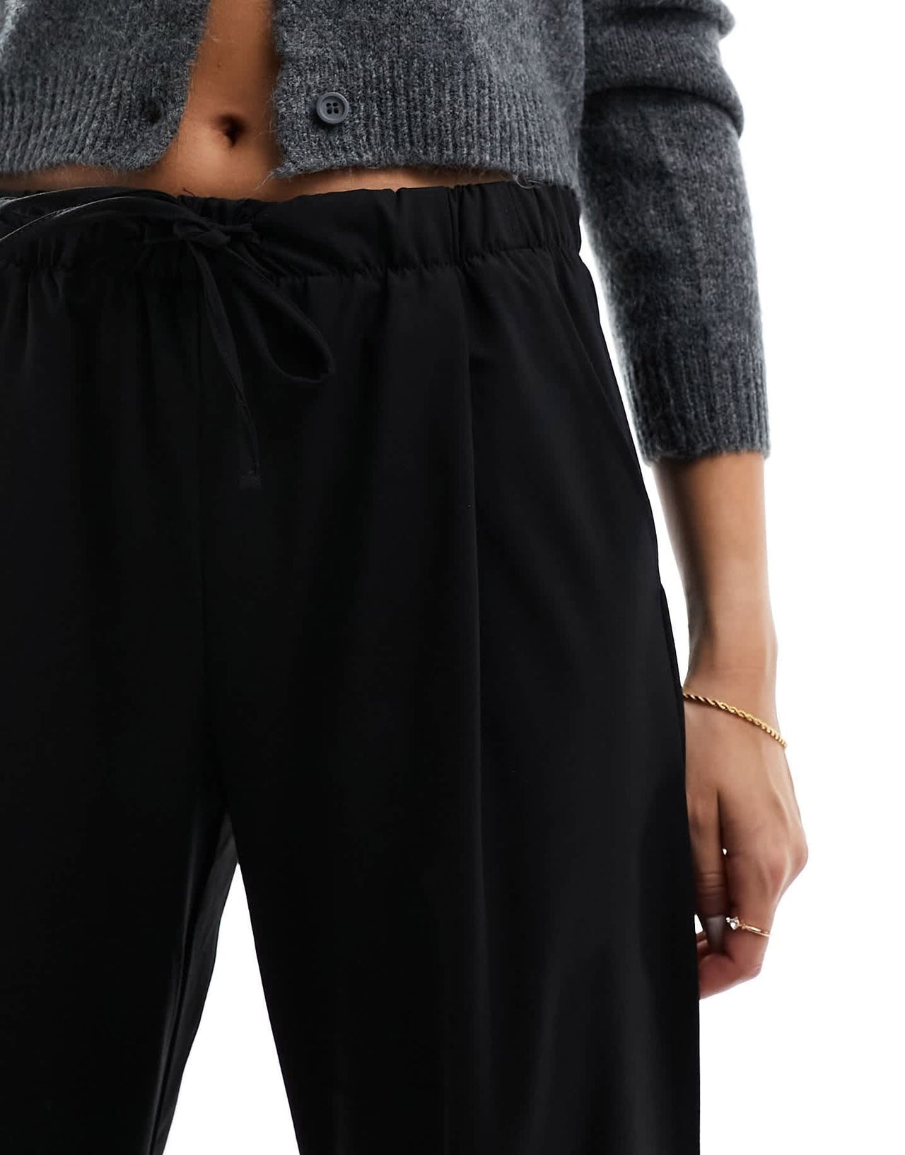 Bershka drawstring waist wide leg trousers in black