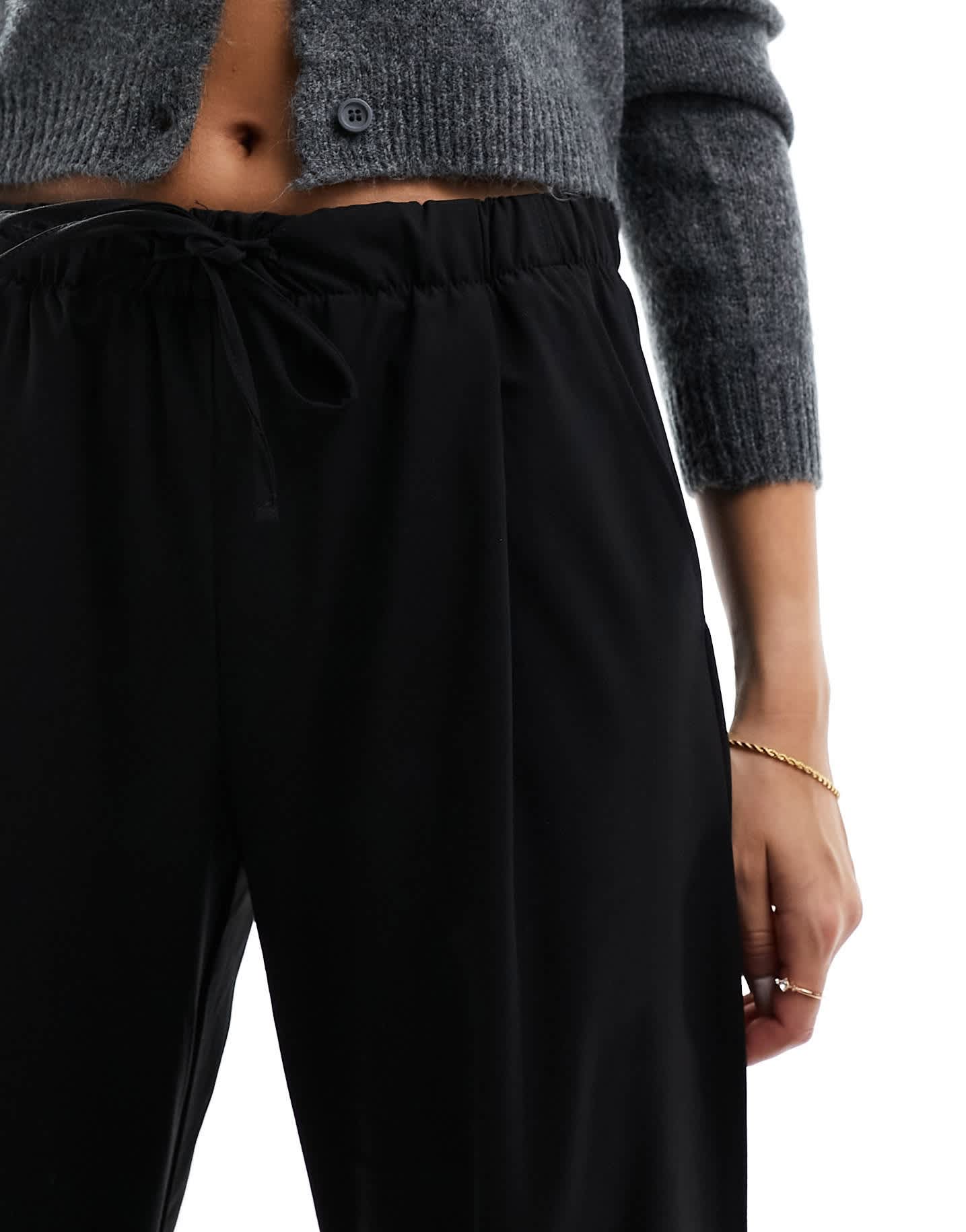 Bershka drawstring waist wide leg trousers in black