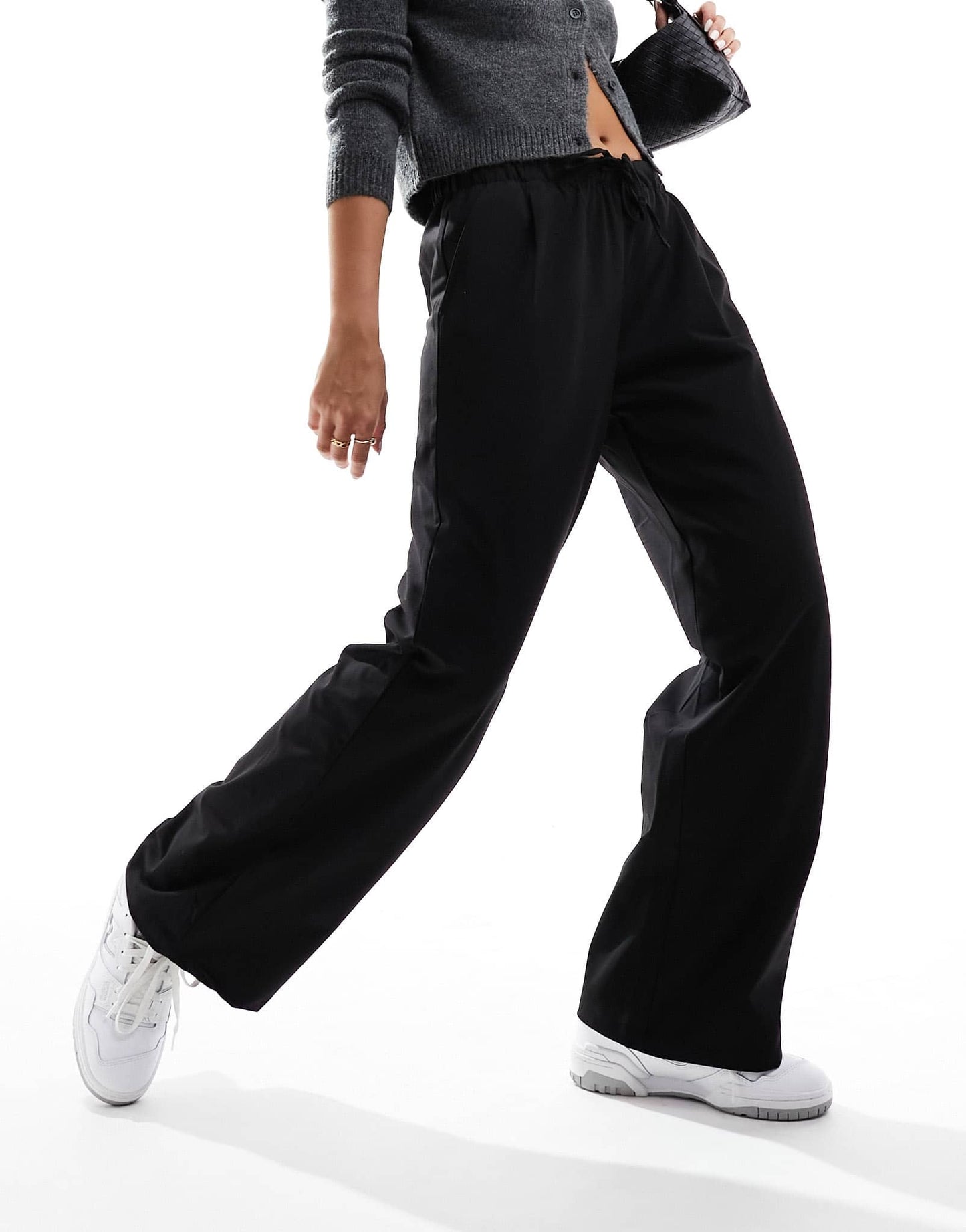 Bershka drawstring waist wide leg trousers in black
