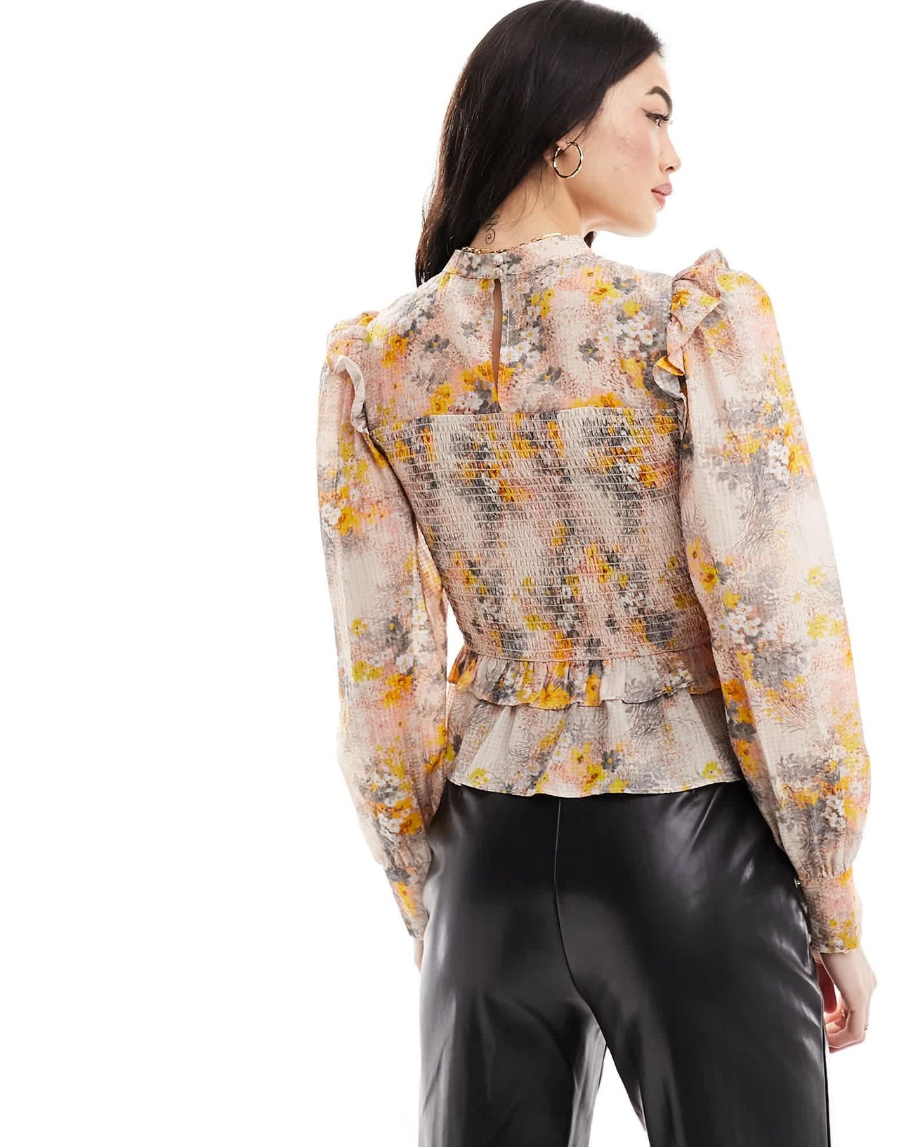 & Other Stories high neck long sleeve blouse with frill shoulder and volume sleeves in floral print