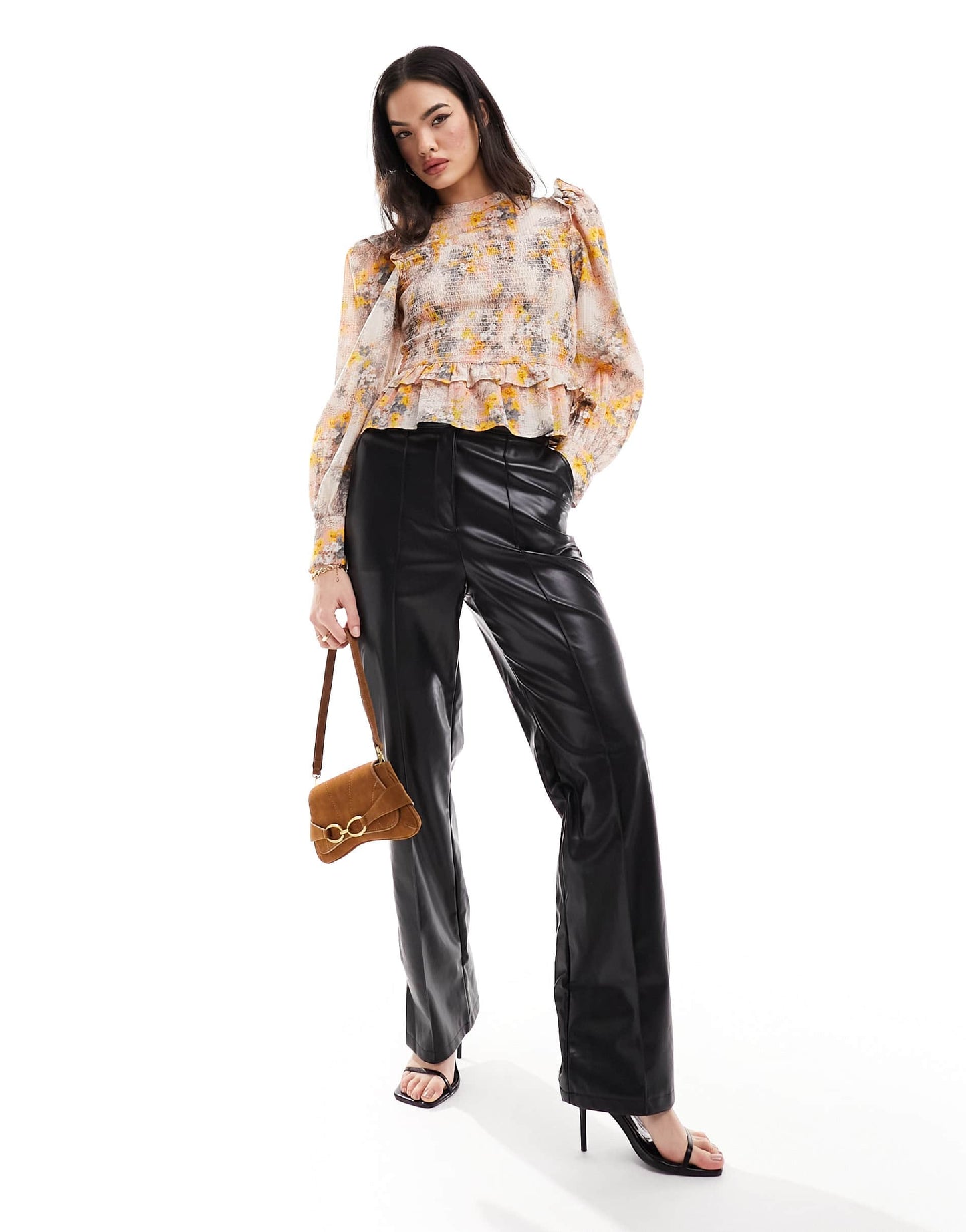 & Other Stories high neck long sleeve blouse with frill shoulder and volume sleeves in floral print