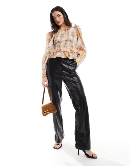 & Other Stories high neck long sleeve blouse with frill shoulder and volume sleeves in floral print
