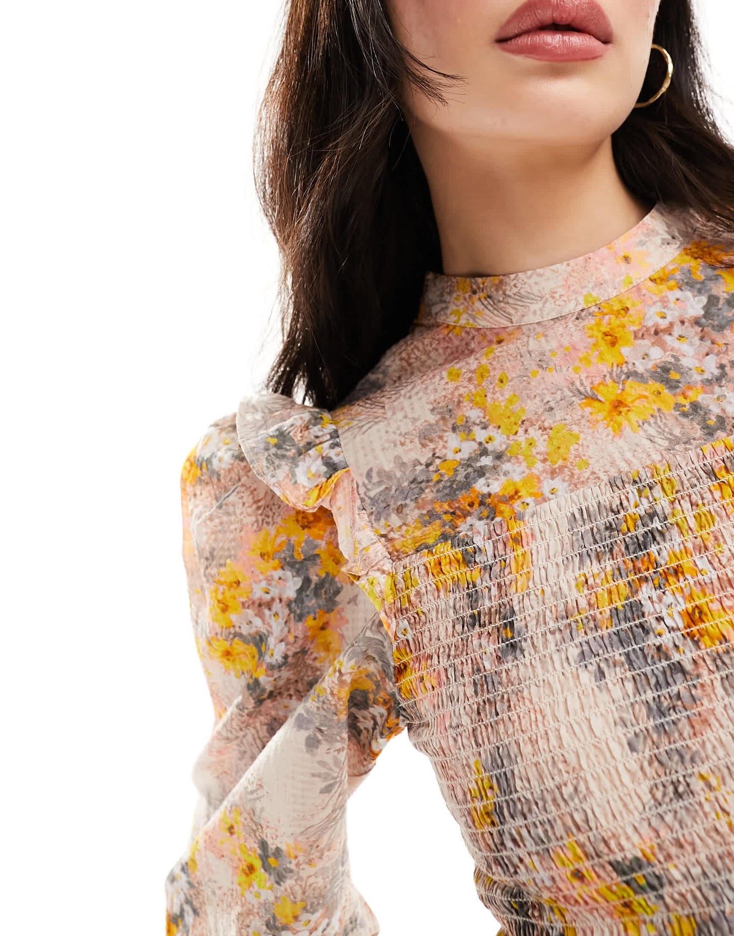 & Other Stories high neck long sleeve blouse with frill shoulder and volume sleeves in floral print